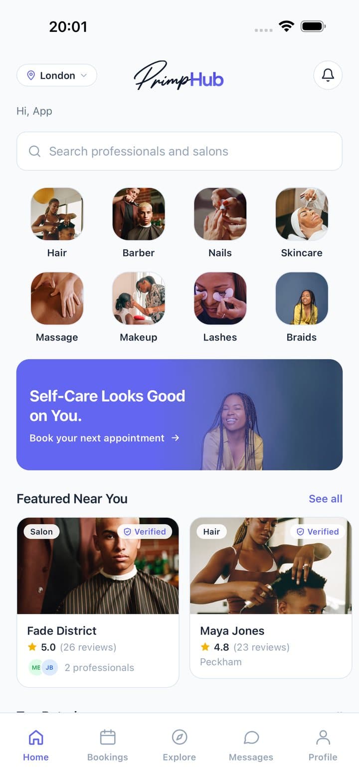 PrimpHub app home screen showing service categories and featured professionals near London