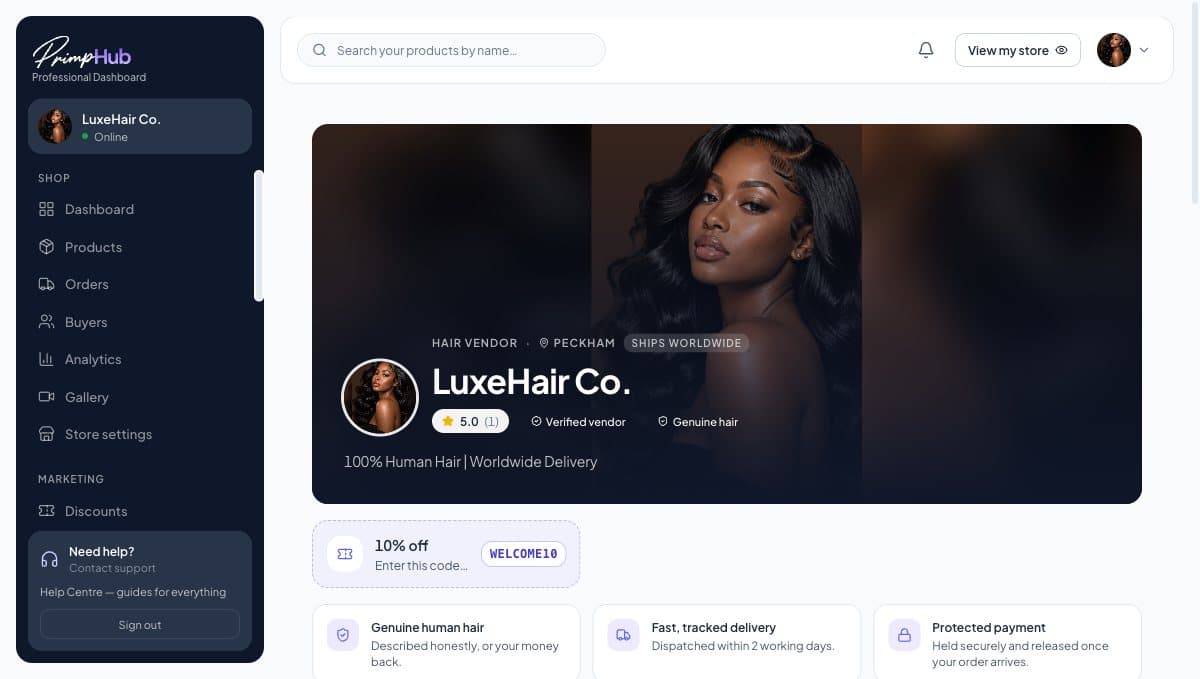 PrimpHub vendor storefront in the professional dashboard